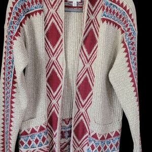 Lucky Brand Red and Cream Geometric Cardigan